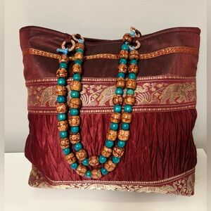 Artistically Designed Elegant Burgundy and Gold Women's Bag